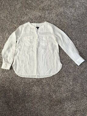 Womens Talbots White Linen Long Sleeve Classic Preppy Summer Top